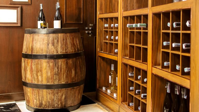 225L full wine barrel used as bar table on patio