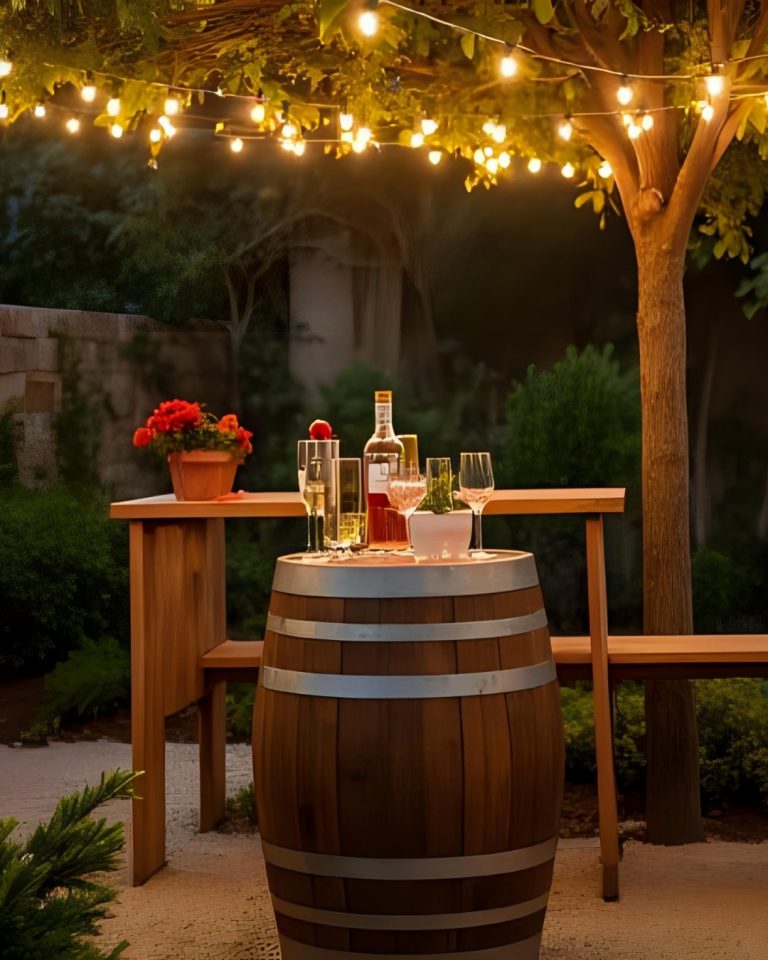 half wine barrel planters creating luxury patio décor