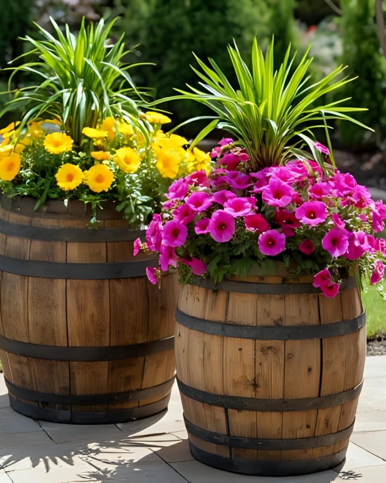 225L wine barrel used as garden planter